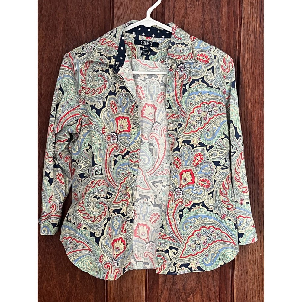 Chaps Petite Womens Paisley Button Down Shirt No Iron Cotton Multi Color Preppy